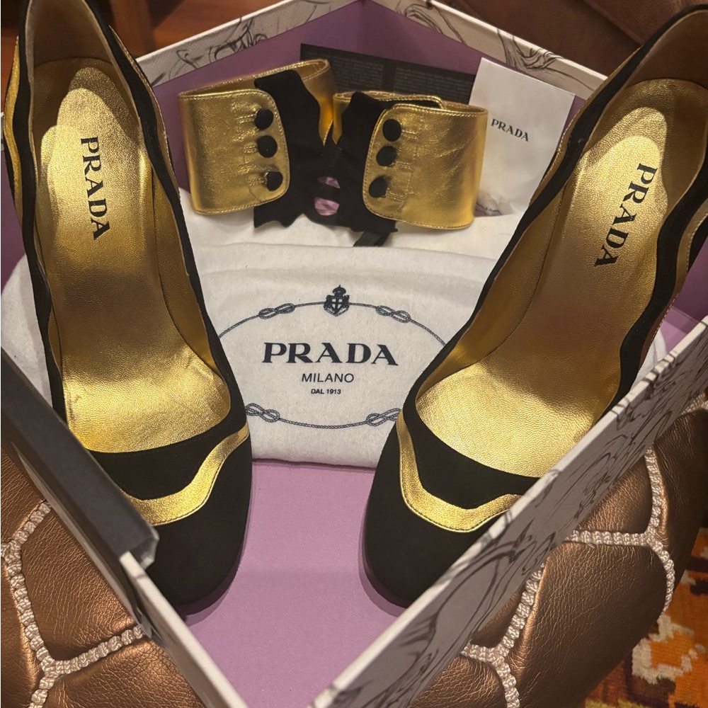 PRADA Black and Gold Fairy Collection Suede Heels